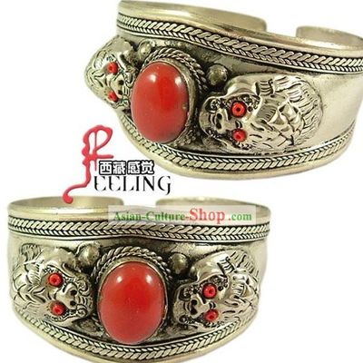 Tibetan 100 Percent Hand Made Double Dragons Playing Ball Bracelet