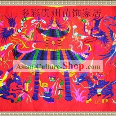 Chinese Large Miao Minority Silk Thread Hand Embroidery Art-Temple Fair