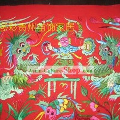 Chinese Miao Minority Silk Thread Hand Embroidery Art-Lion Dance