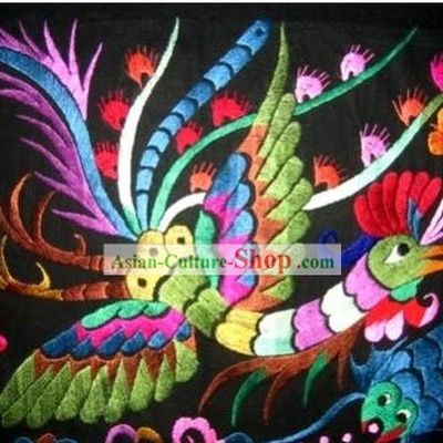 Chinese Large Miao Minority Silk Thread Hand Embroidery Art-A Peacock in His Pride