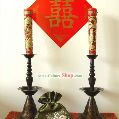 Chinese Wedding Copper Candlestick and Dragon Phoenix Candles
