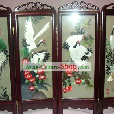 Chinese Double-Sided Embroidery Folding Screen Handicraft-Cranes