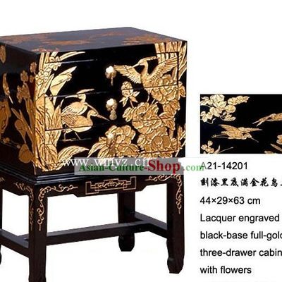 Lacquer Engraved Black-base Full-golden Three-drawer Cabinet with Flowers