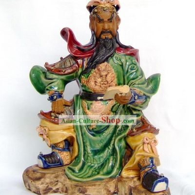 Shiwan Pottery Handicraft Masterpiecs Chinese Guan Gong Reading at Night Statue