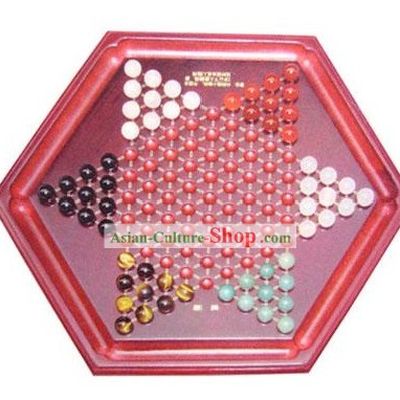 Classic Natural Agate and Wood Chinese Checkers Set