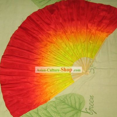 Supreme Bamboo Handle Chinese Traditional Silk Dance Fan (yellow to red color transition)
