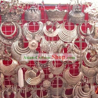Chinese Classical Miao Minority Silver Necklace, Bracelet and Head Gear