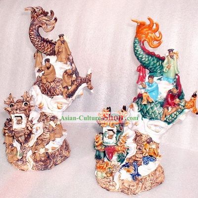 Chinese Classic Shiwan Ceramics Statue-Eight Fairies Crossing Dragon on Dragon