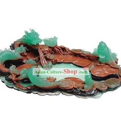 Chinese Stunning Hand Carved Green Dragon Tea Tray