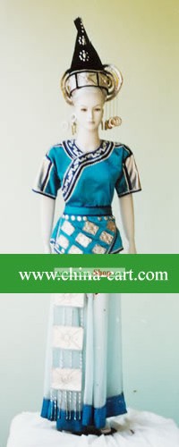 Chinese Yao Minority Light Blue Costumes Set for Women