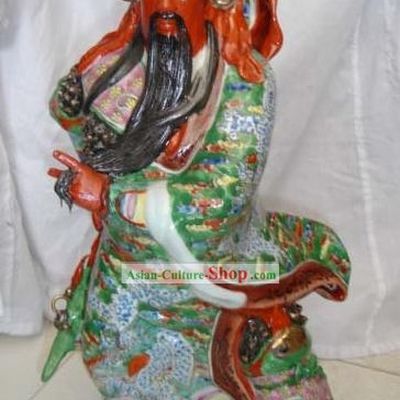 Chinese Jingde Colorful Ceramics Gwan Gong Statue