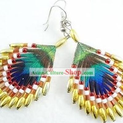 Hand Made Chinese Yi Minority Peacock Feather Earrings