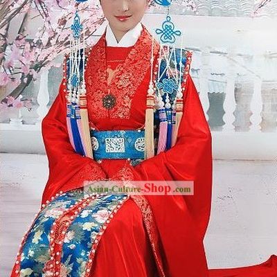 Supreme Chinese Traditional Red Wedding Dress and Phoenix Crown Complete Set