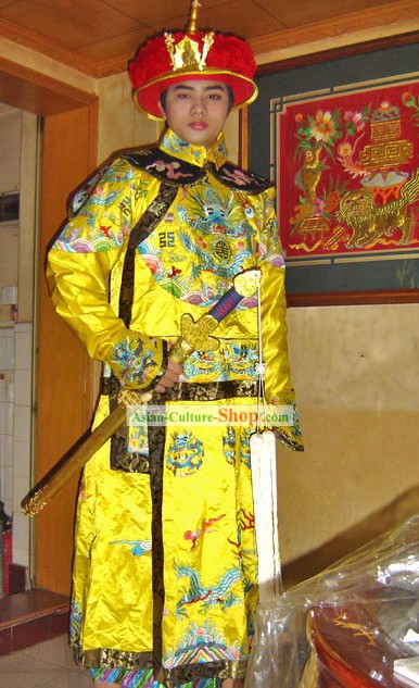 Supreme Chinese Qing Dynasty Emperor Dragon Costumes and Hat Complete Set