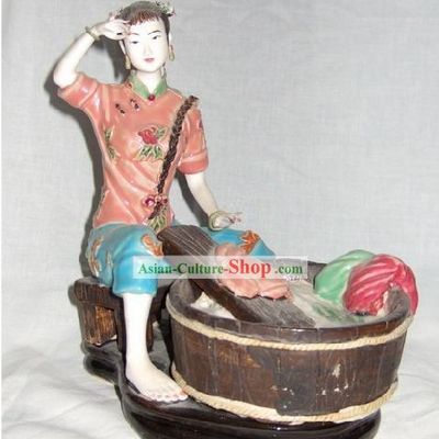Chinese Classical Shiwan Statue - Ancient Lady Washing Clothes