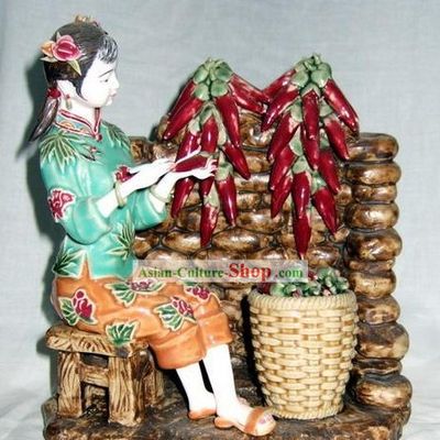 Chinese Classical Shiwan Statue - Lady and Hot Pepper