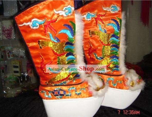 Supreme Chinese Traditional Embroidered Lion Heads High Heel Boot