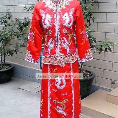 Chinese Traditional Lucky Red Phoenix and Dragon Wedding Dress Complete Set