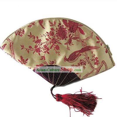Chinese Traditional Handmade Bird and Flower Fan Shape Banquet Handbag