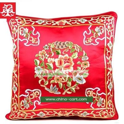 Lucky Red Hands Embroidered Flower Cushion Cover of Chinese Traditional Wedding
