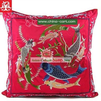 Lucky Red Hands Embroidered Fishes Cushion Cover of Chinese Traditional Wedding