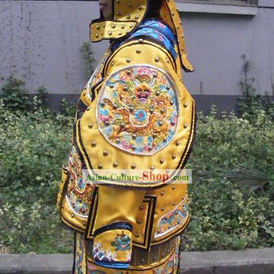 Supreme Chinese Ancient Emperor Embroidered Dragons Armor Costumes and Helmet Complete Set