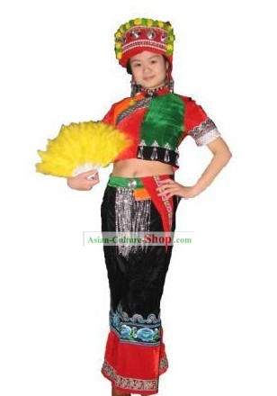 Chinese Traditional Me Lao Minority Costume and Hat and Fans