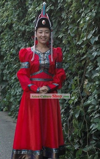 Supreme Chinese Classical High Collar Mongolian Dance Costumes and Hat for Women (red)