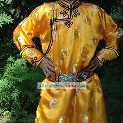 Chinese Traditional Mongolian Emperor Golden Long Robe and Hat Complete Set