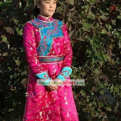 Chinese Traditional Mongolian Long Robe and High Hat Complete Set for Women