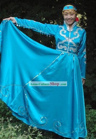 Chinese Classical Mongolian Dance Costumes and Hat for Women (blue)
