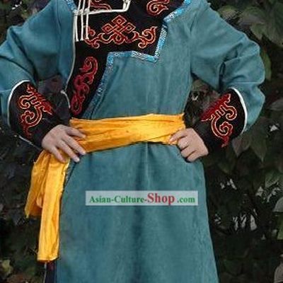 Chinese Traditional Handmade Mongolian Long Robe and Hat for Men