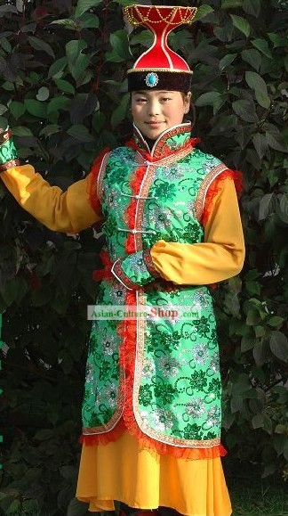 Chinese Astounding Mongolian Minority Long Flowery Robe and Hight Hat for Women
