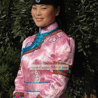 Chinese Traditional Handmade Mongolian Long Robe and Hat Complete Set (pink)