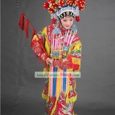 Supreme Chinese Traditional Heroine Hu Mu Lan Costumes, Crown and Whip Complete Set