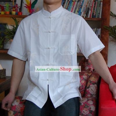 Chinese Mandarin Style Short Handed White Flax Bamboo Shirt