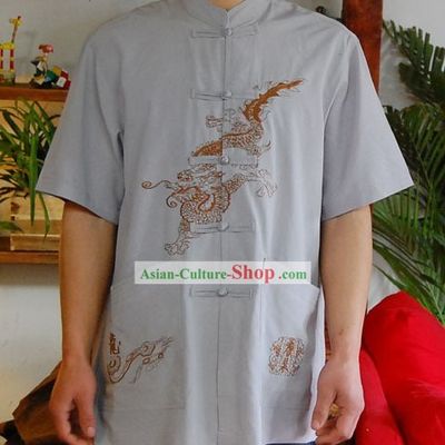 Chinese Classical Mandarin Style Short Handed Flax Dragon Shirt