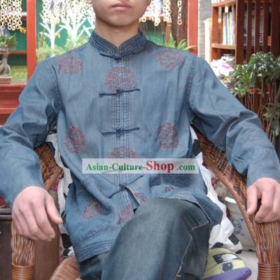 Chinese Classical Hand Embroidered Blue Dragon Blouse