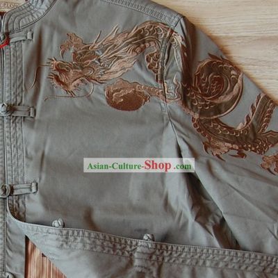 Chinese Classical Hand Embroidered Deep Green Dragon Blouse