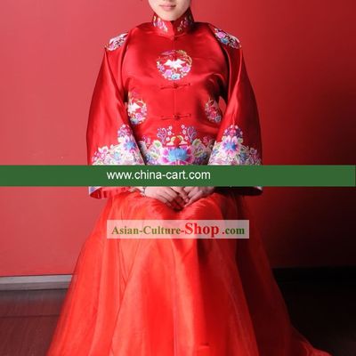 Supreme Chinese Traditional Hand Embroidered Lucky Red Wedding Costumes for Bride