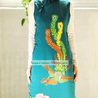 Classical Sky Blue Phoenix Tail Silk Cheongsam