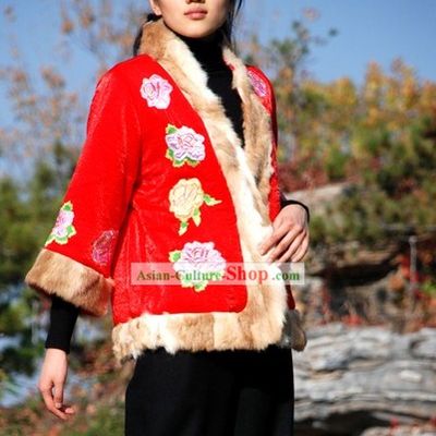 Chinese Traditional Mandarin Handmade Rabbit Fur Long Peony Blouse