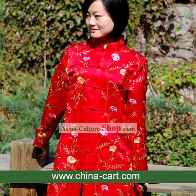 Chinese Traditional Lucky Red Handmade Flowery Blouse