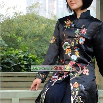 Chinese Traditional Handmade and Embroidered Bird and Flower Long Silk Overcoat for Women
