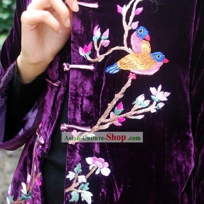 Chinese Stunning Handmade and Embroidered Birds Velvet Overcoat for Women