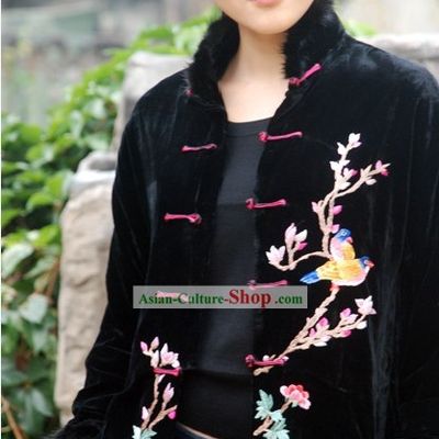 Chinese Stunning Handmade and Embroidered Birds Velvet Overcoat for Women