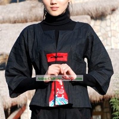 Chinese Traditional Mandarin Ice Flower Flax Blouse for Women