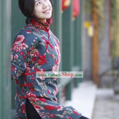 Chinese Classical Handmade Folk Floral Cotton Long Jacket for Women