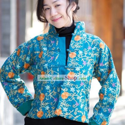 Chinese Classical Handmade and Embroidered Folk Cotton Blouse for Women