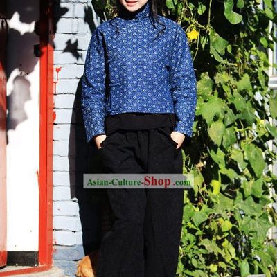 Chinese Traditional Blue Folk Cotton Blouse for Women